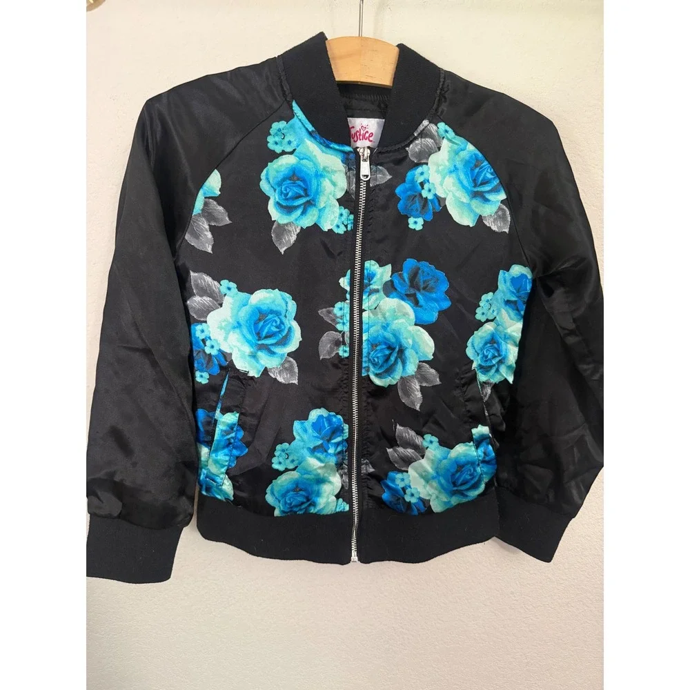 Justice Girls Black Blue Teal Floral Satin Bomber Jacket Size 8/10